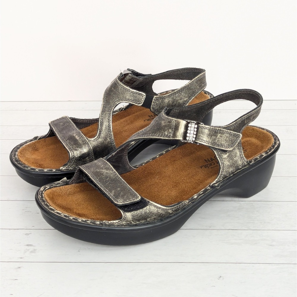 NAOT Faso Metal Leather Ankle Strap Rhinestone Sandals 7.5 US 38 EU Women's +Box